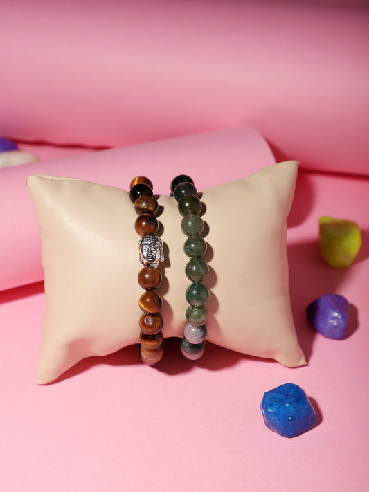 Combo Of Tiger Eye And Mos Agate Semi Precious Stone Bracelet