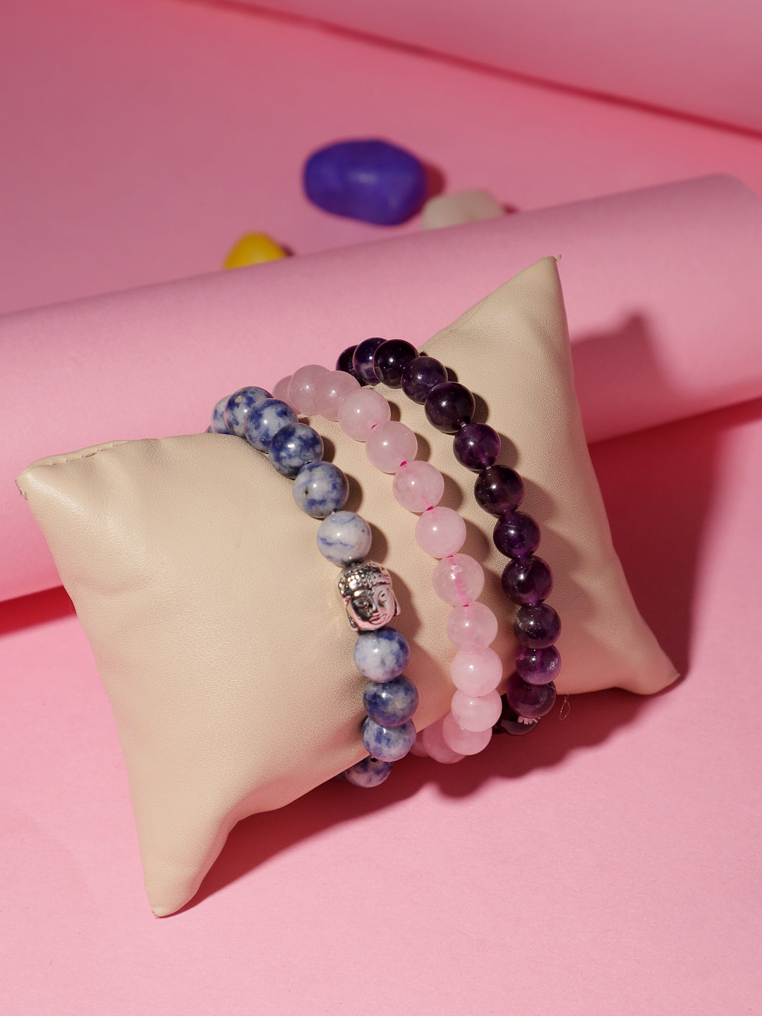 Combo Of Rose Quartz ,Amethyst And Sodolite Semi Precious Stone Bracelet