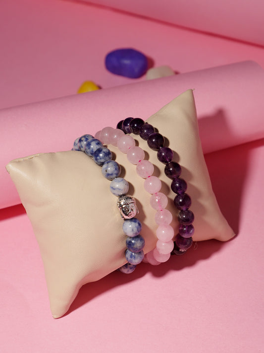 Combo Of Rose Quartz ,Amethyst And Sodolite Semi Precious Stone Bracelet