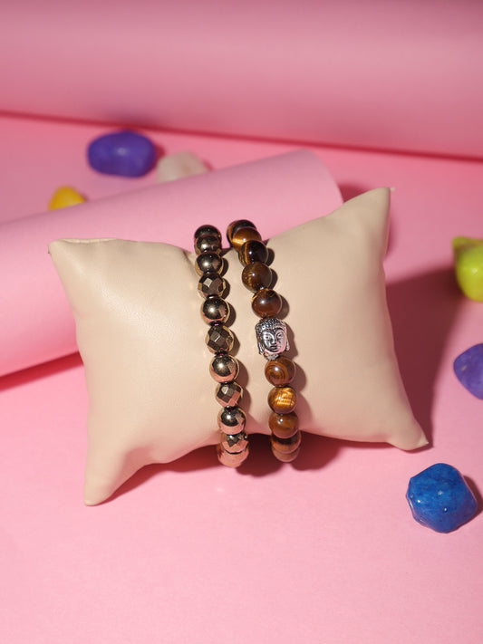 Combo Of Tiger Eye And Golden Pyrite Semi Precious Stone Bracelet