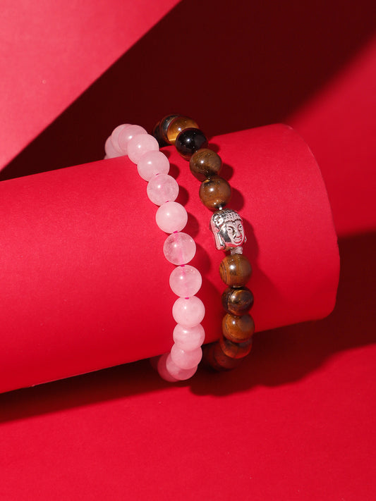 Combo Of Tiger Eye And Rose Quartz Semi Precious Stone Bracelet