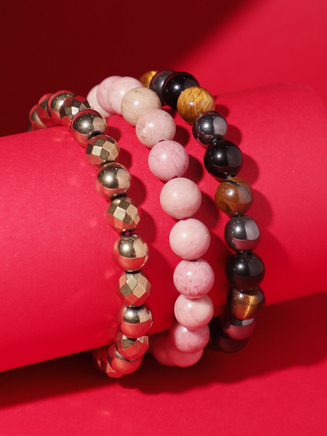 Combo Of Triple Action ,Golden Pyrite  And Rhodochrosite  Semi Precious Stone Bracelet