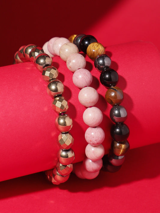 Combo Of Triple Action ,Golden Pyrite  And Rhodochrosite  Semi Precious Stone Bracelet