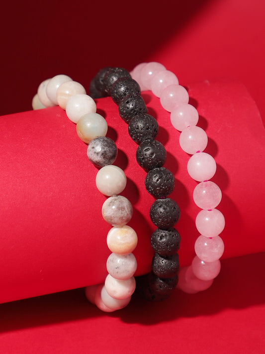 Combo Of Rose Quartz ,Lawa  And Amazonite Semi Precious Stone Bracelet