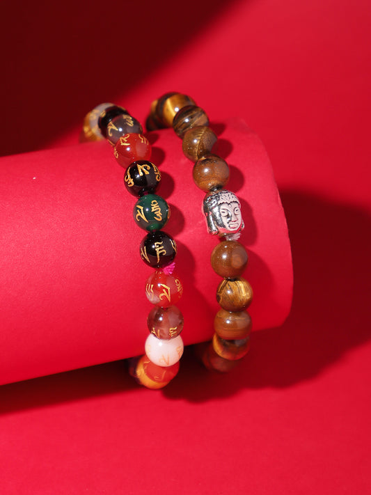 Combo Of Tiger Eye And Om Mani Multi Semi Precious Stone Bracelet