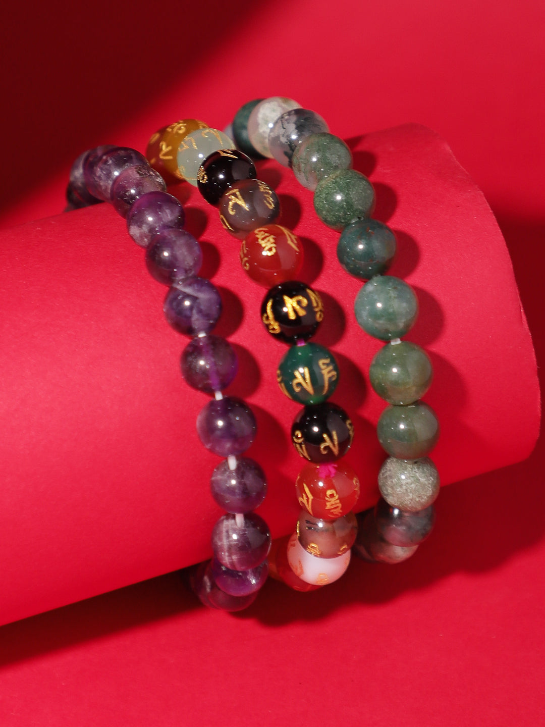 Combo Of Mos Agate ,Om Mani Multi  And Amethyst Semi Precious Stone Bracelet