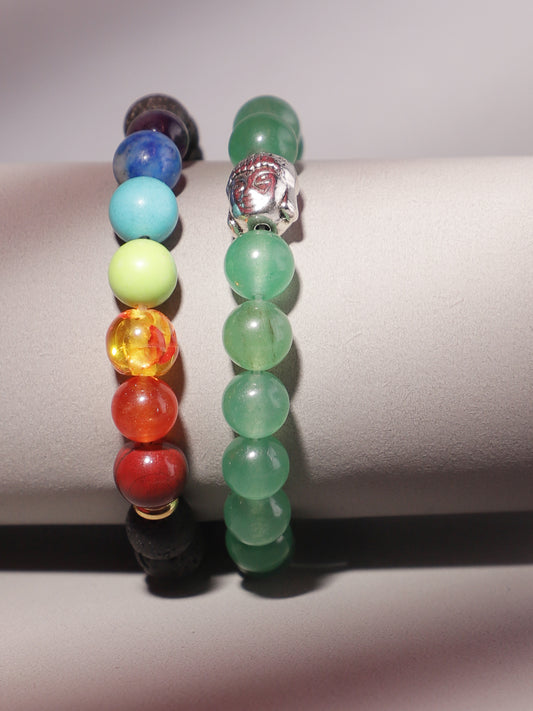 Combo Of Green Aventurine And Lawa Seven Chakra Semi Precious Stone Bracelet
