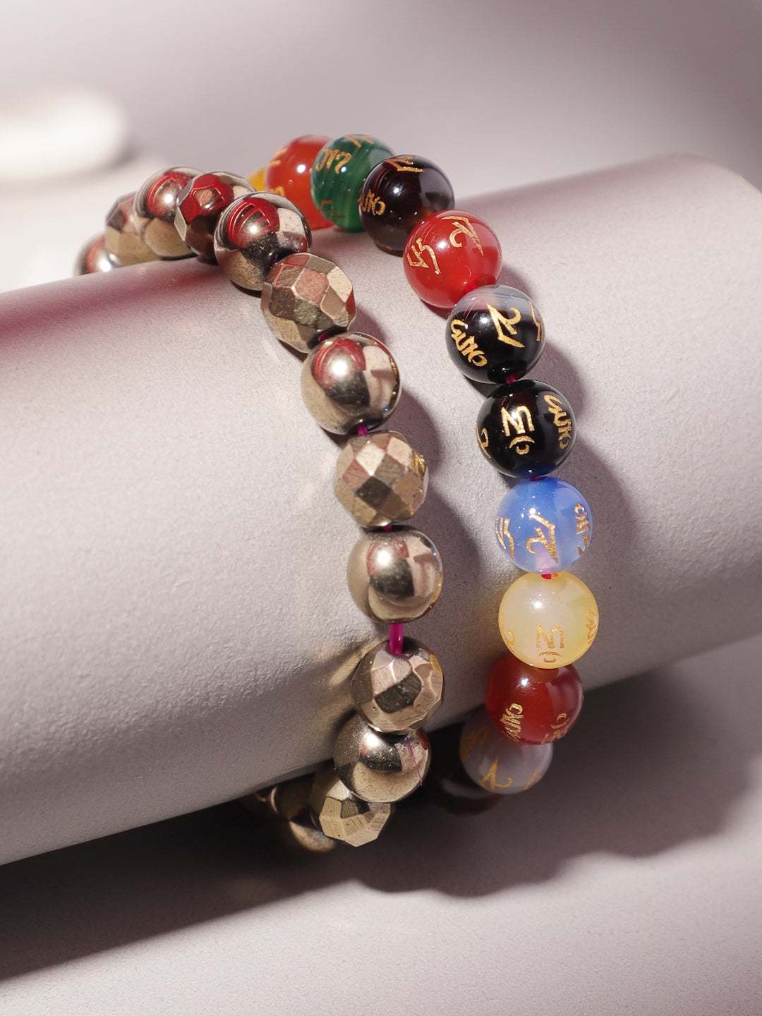 Combo Of Golden Pyrite And Om Mani Multi Semi Precious Stone Bracelet