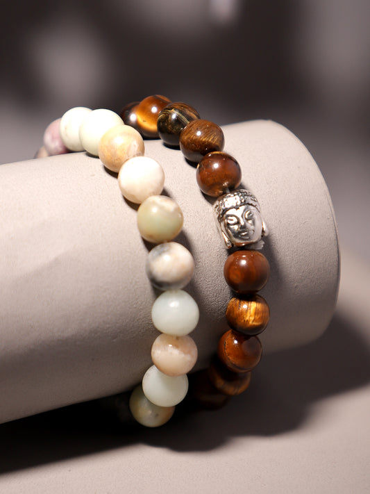 Combo Of Tiger Eye And Amazonite Semi Precious Stone Bracelet