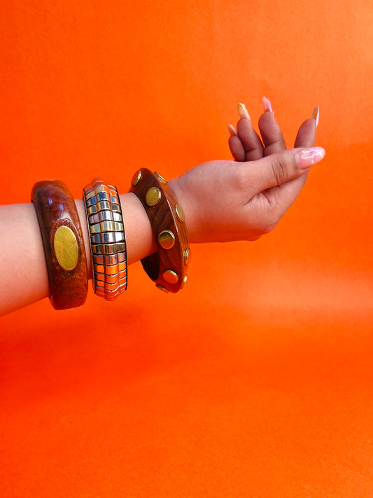 Tashan Wooden & Brass Bangles-Set of 3