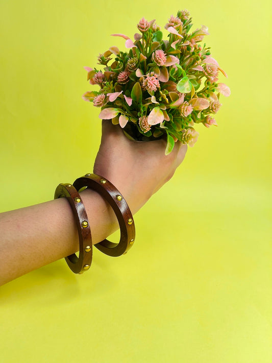 Choco Crunch Wooden & Brass Bangles-Set of 2