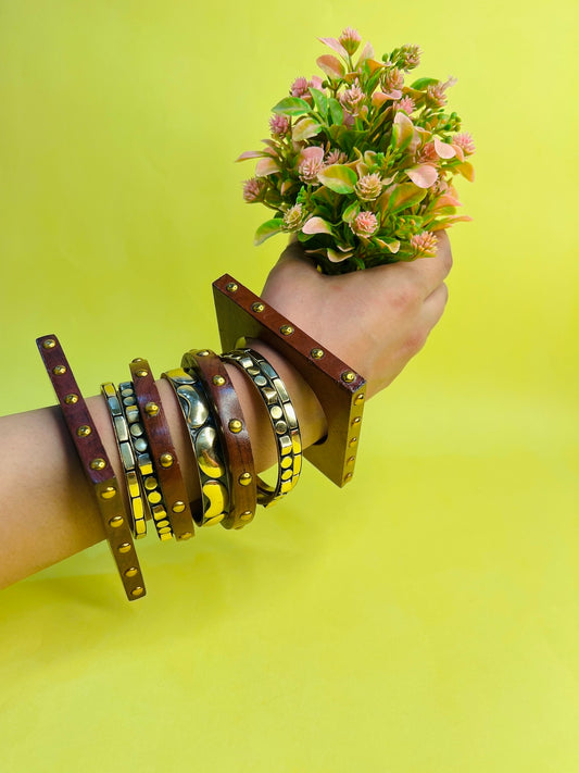 Shagna Wooden &  Brass Bangles-Set of 9