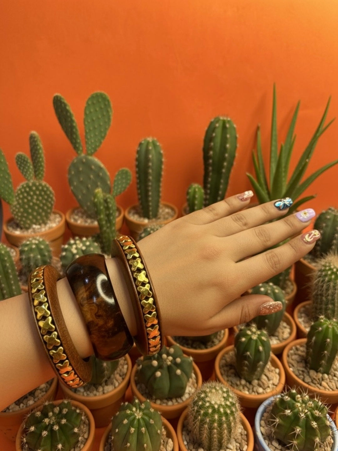 Tuffle Resin,Brass & Wood Bangles-Set of 3