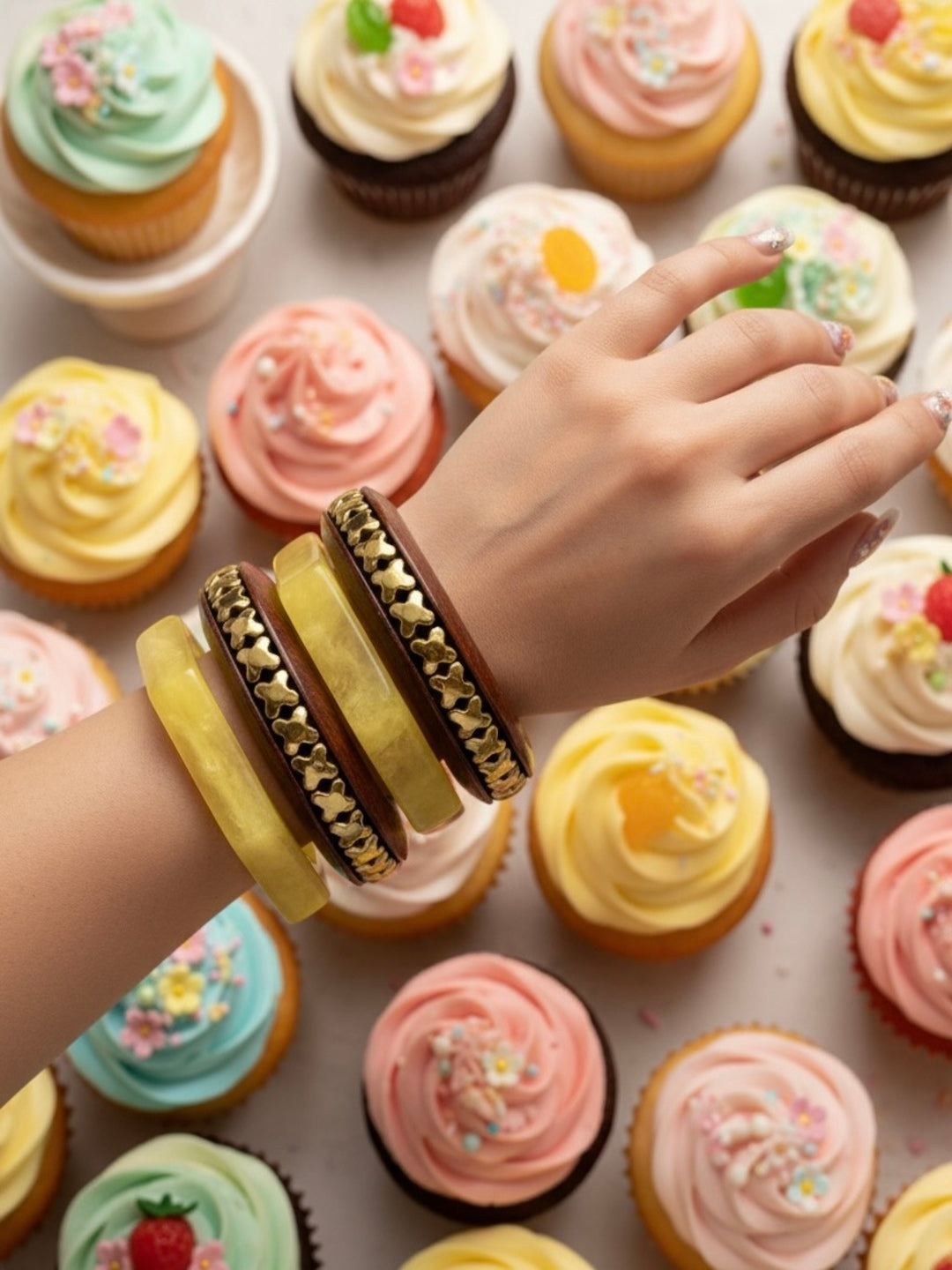 Aroha Resin,Brass & Wood Bangles-Set of 4