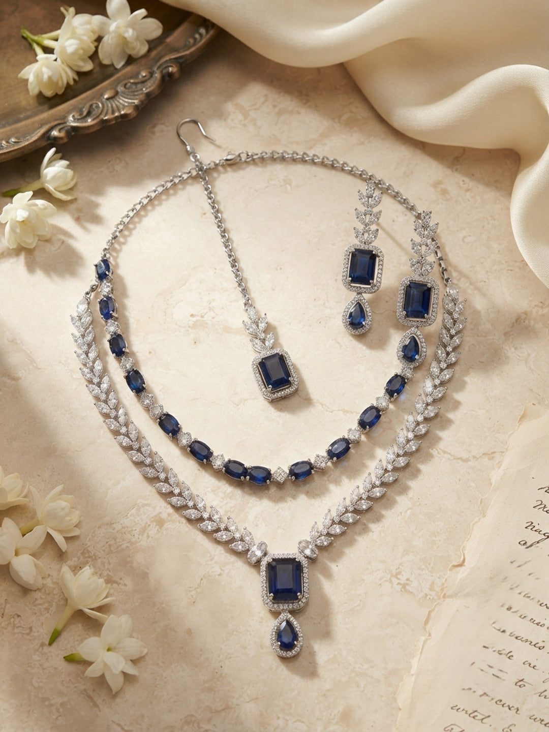 Midnight Elegance Double Layer Jewellery Set with Mangtika