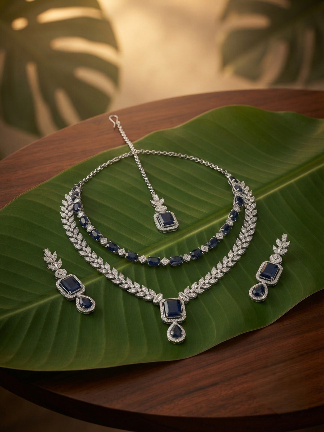 Midnight Elegance Double Layer Jewellery Set with Mangtika