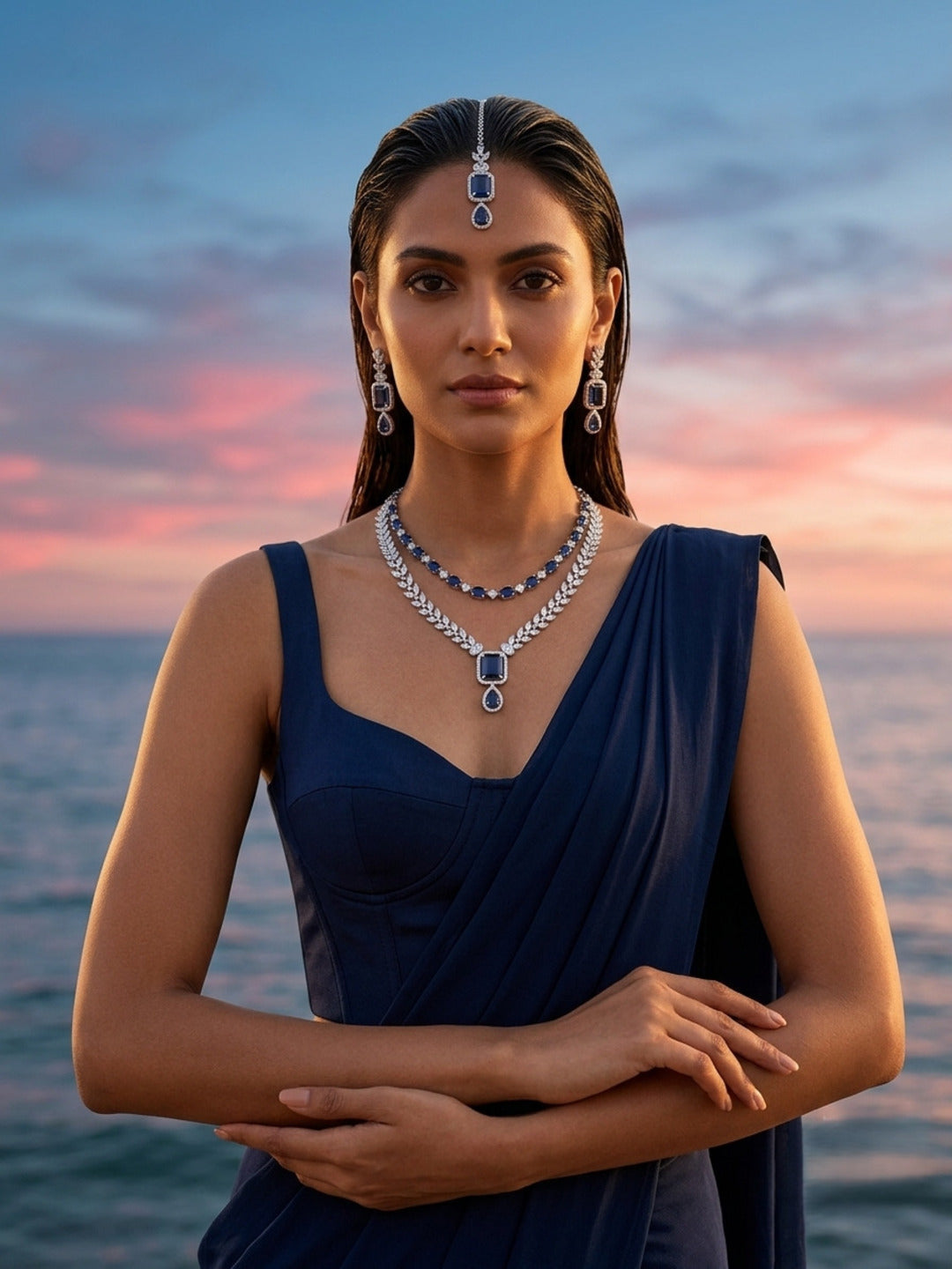 Midnight Elegance Double Layer Jewellery Set with Mangtika