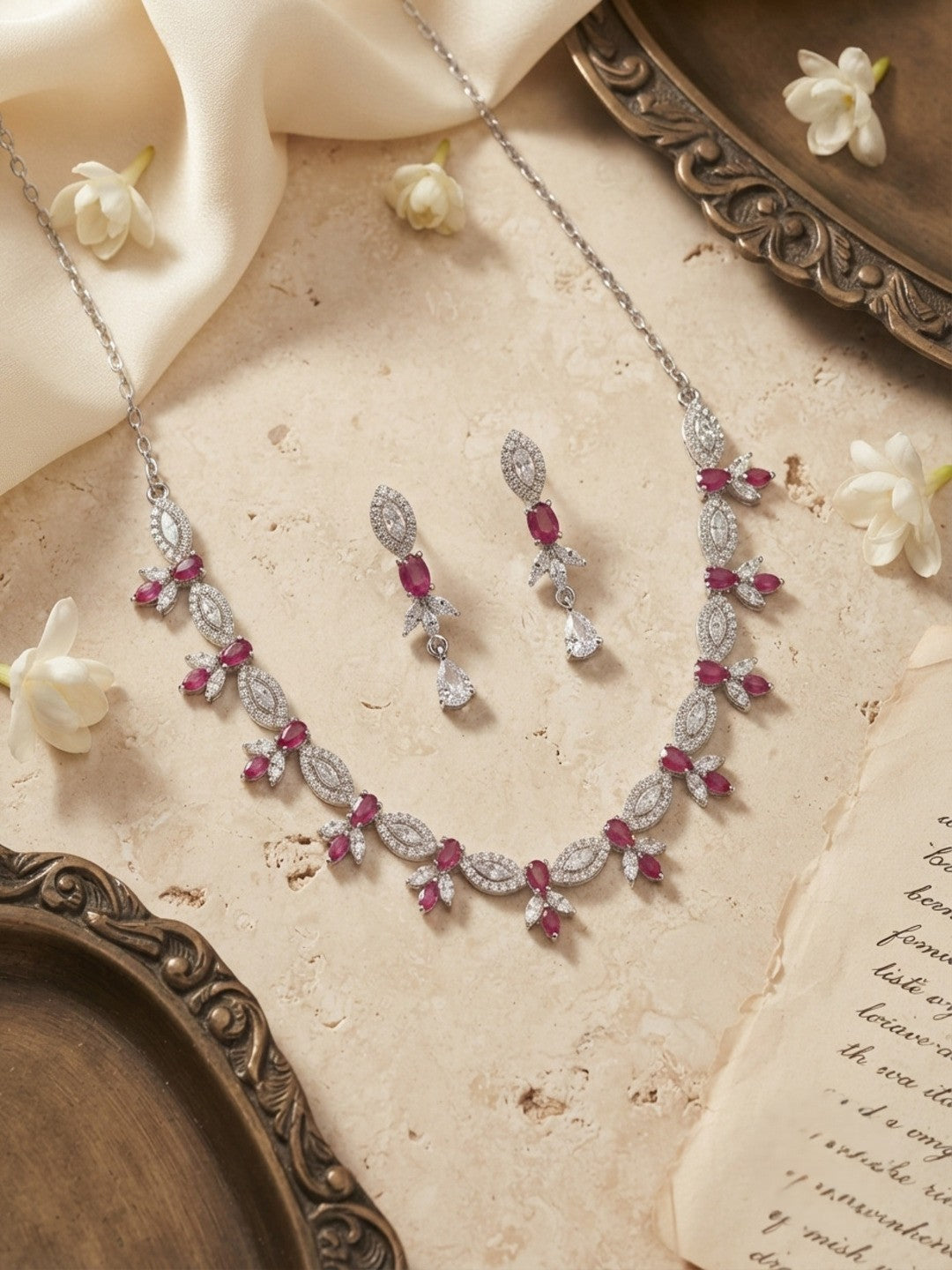 Magenta Blossom AD Jewellery Set