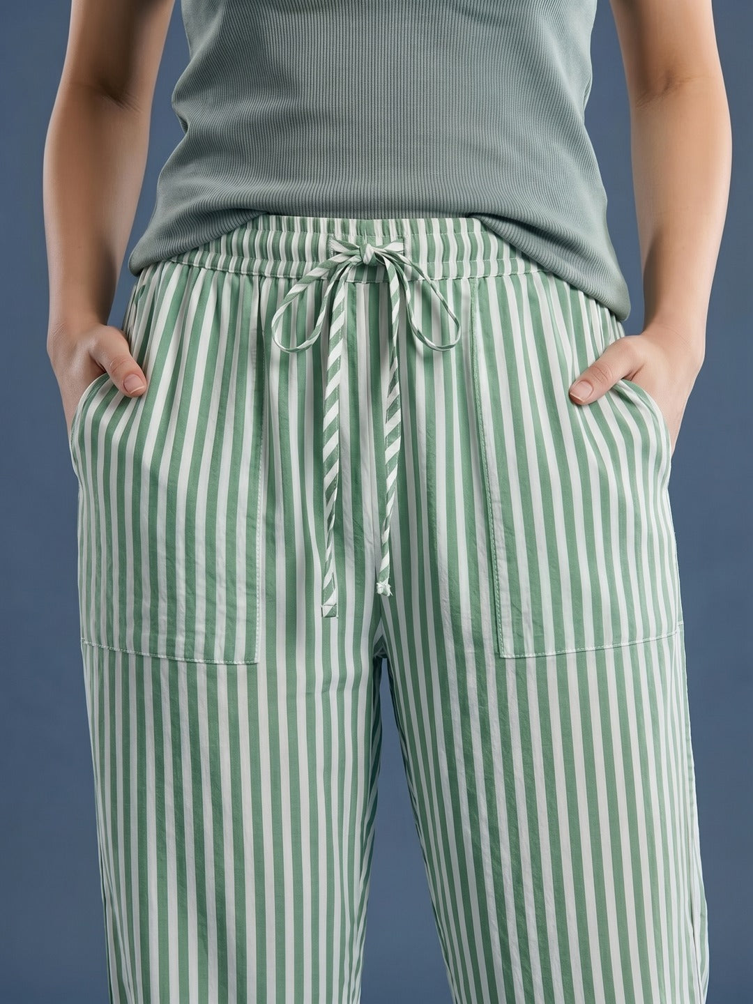 Green Striped Cotton Lounge Pant