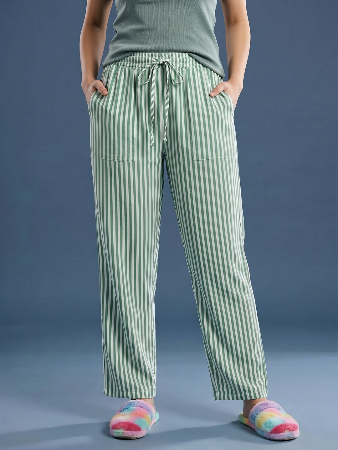 Green Striped Cotton Lounge Pant