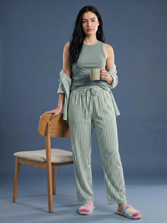 Green Striped Cotton Lounge Pant