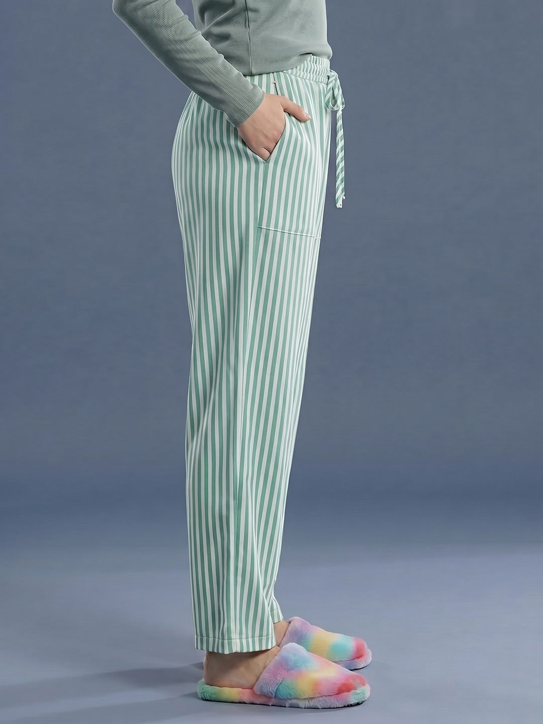 Green Striped Cotton Lounge Pant